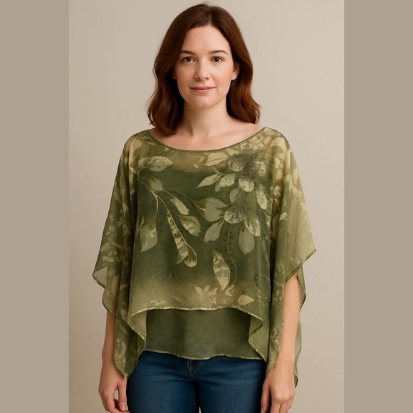 Chico's Tops - Chico's Silk Blend, Sheer Green Floral Print Poncho
